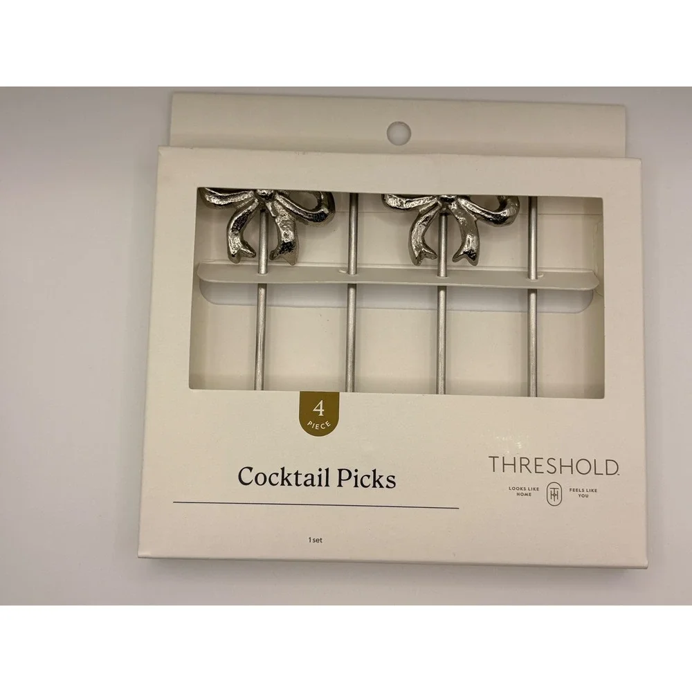 Threshold 4pc Bow Cocktail Picks Silver Metal Appetizer Garnish Set NEW